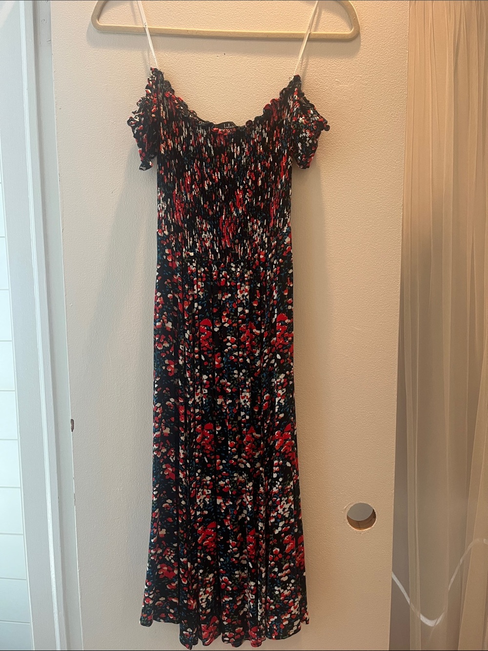 Off-Shoulder Floral Maxi Dress in Black and Red